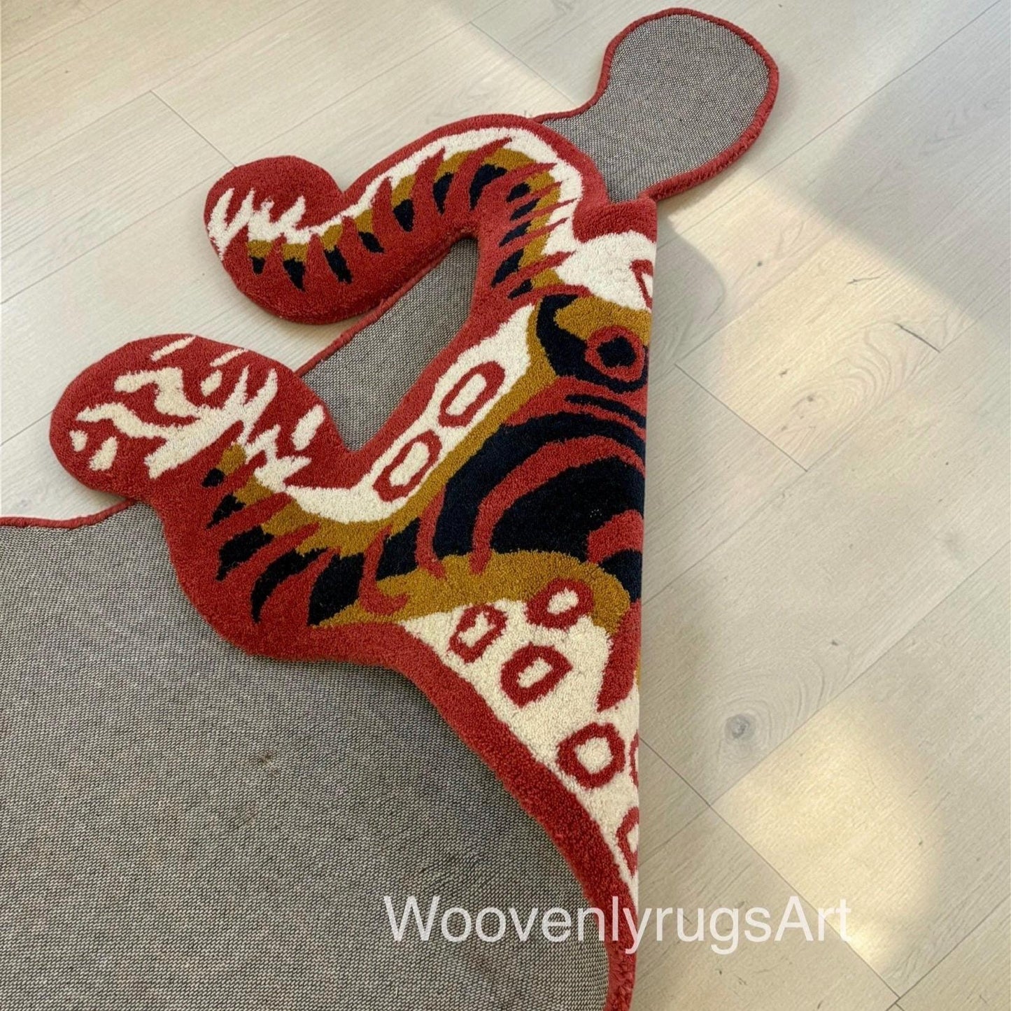 Hand Tufted Tiger Rug, Abstract Animal Shape, Modern Statement Carpet, Red Black Decor