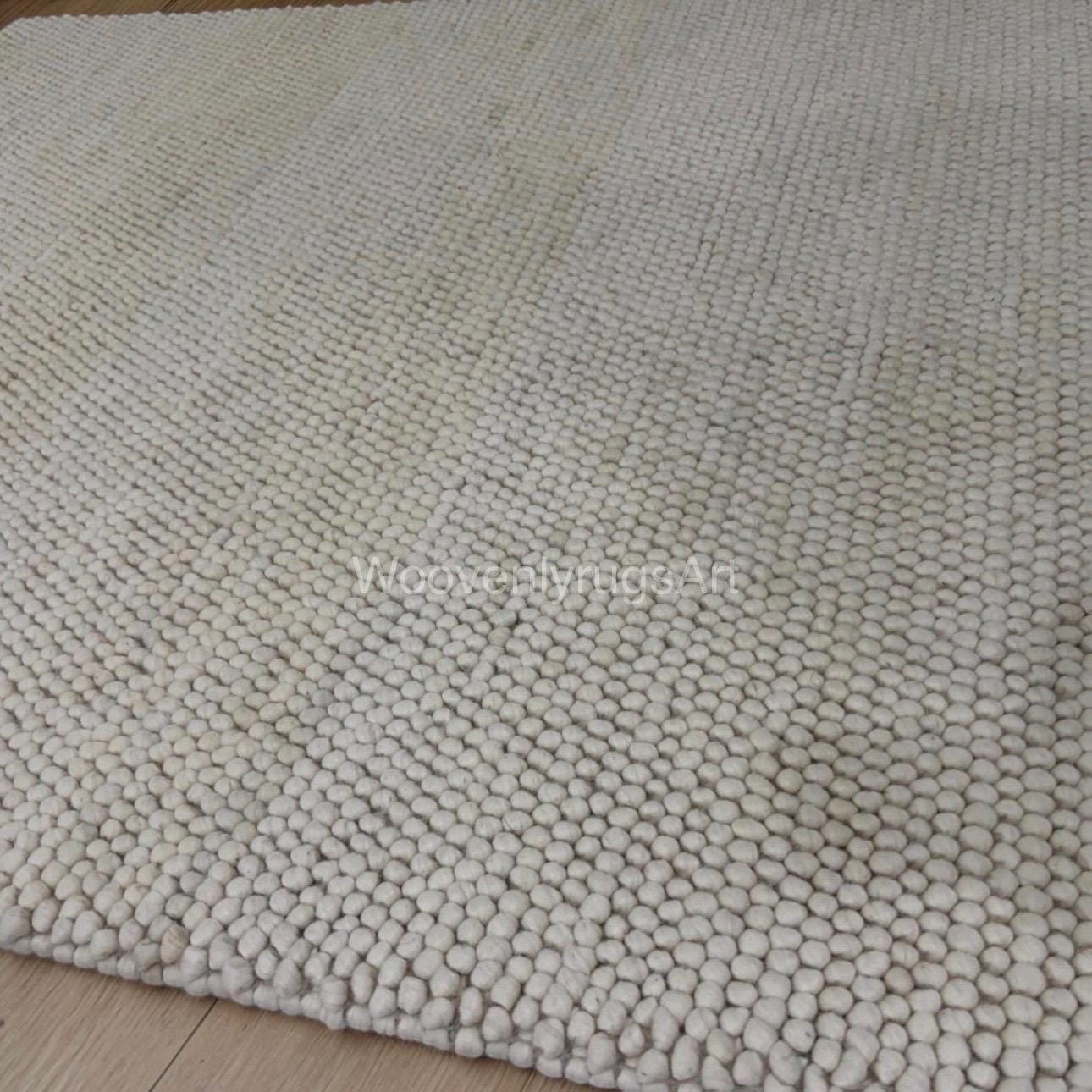 Handmade Wool Pebble Rug, Neutral Ivory Felt Ball Carpet, Scandinavian Home Decor