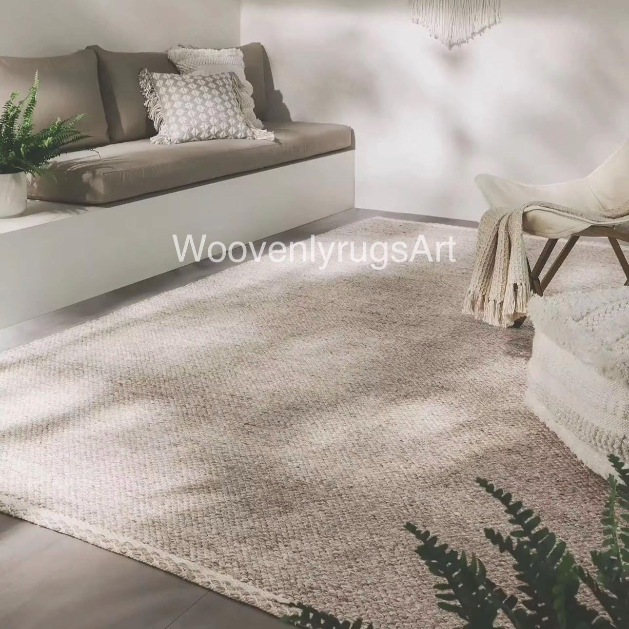 Handwoven Wool Loop Pile Rug, Neutral Beige Textured Carpet, Minimalist Boho Decor