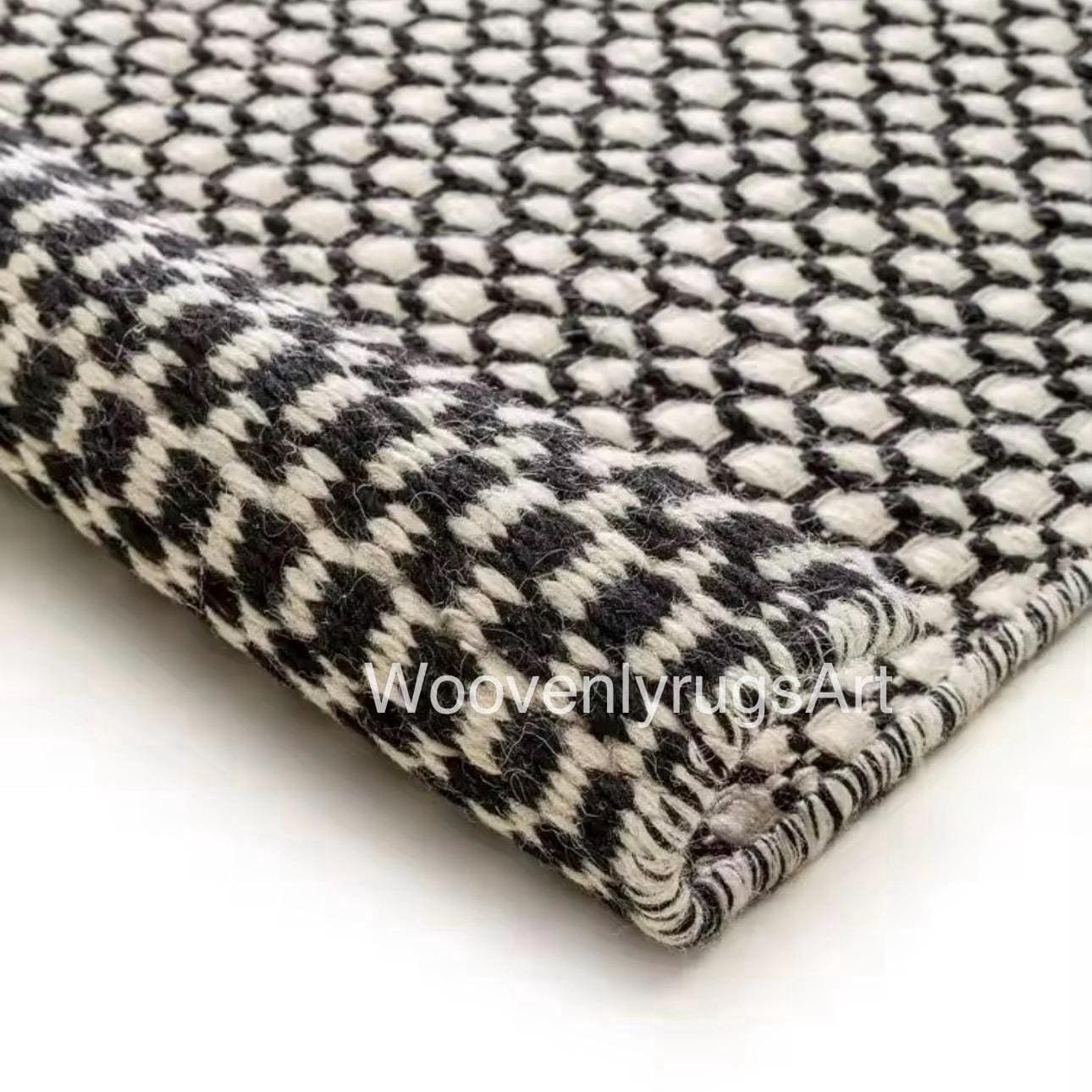 Handwoven Wool Rug Black White Geometric Pattern | Modern Minimalist Dhurrie Area Rug