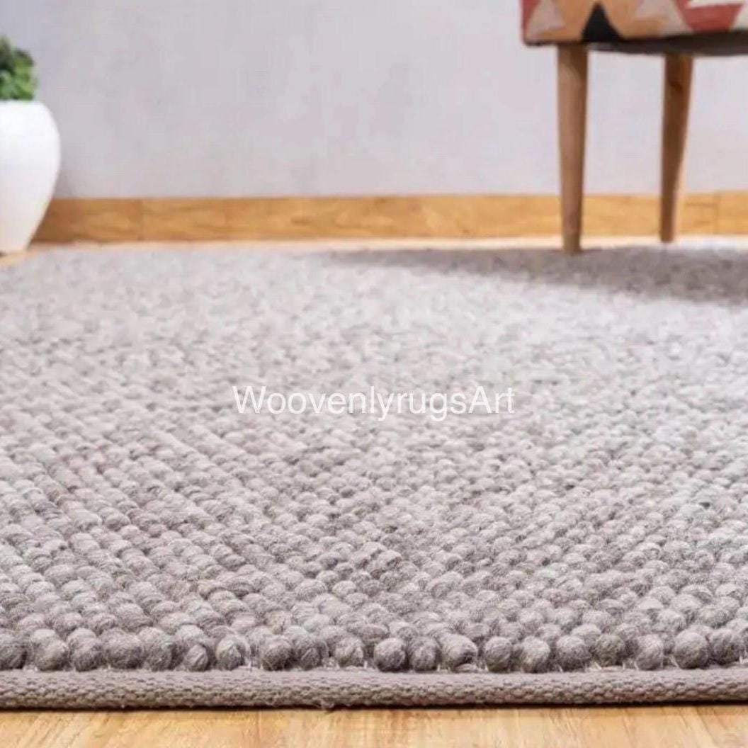 Handwoven Wool Rug, Grey Chunky Textured Loop Pile Carpet, Modern Minimalist Decor