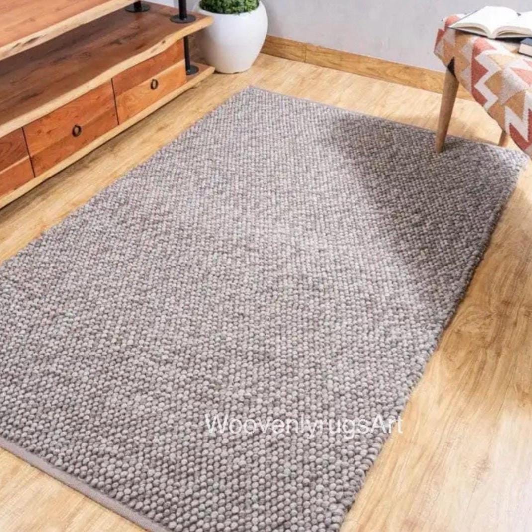 Handwoven Wool Rug, Grey Chunky Textured Loop Pile Carpet, Modern Minimalist Decor
