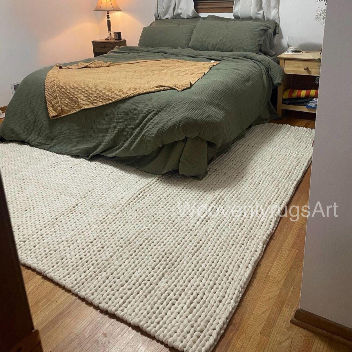 Handmade Chunky Knit Wool Rug, Ivory Thick Loop Carpet, Cozy Scandinavian Floor Rug