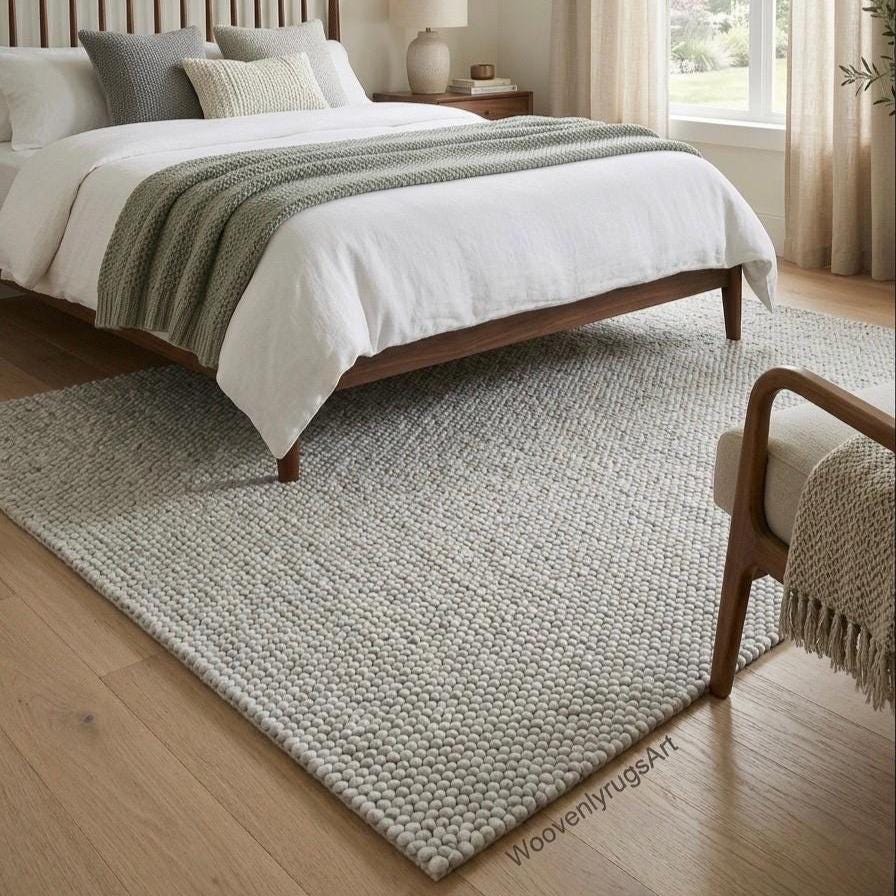 Handmade Wool Pebble Rug, Neutral Ivory Felt Ball Carpet, Scandinavian Home Decor