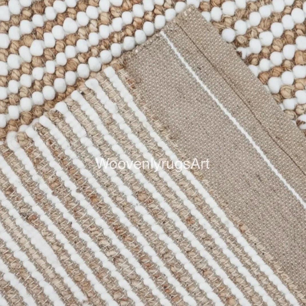 Handwoven Wool Jute Bubble Rug, Neutral Boho Textured Carpet, Ivory Beige Living Room Decor