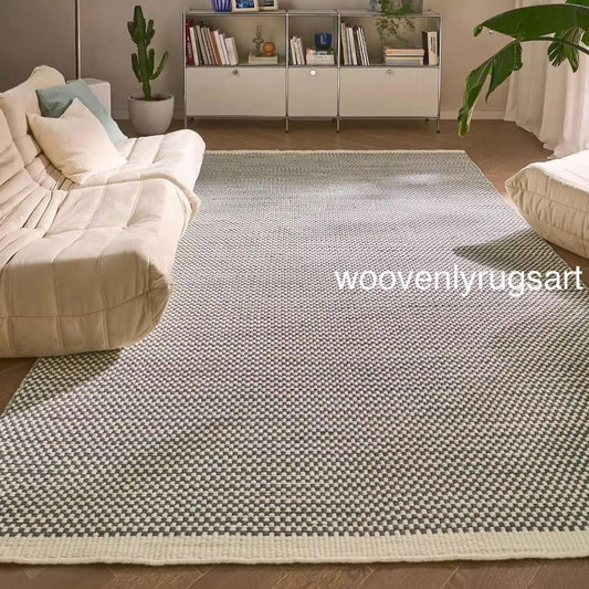 Handmade Wool Dhurrie Rug Grey & Ivory Minimalist Flatweave Carpet