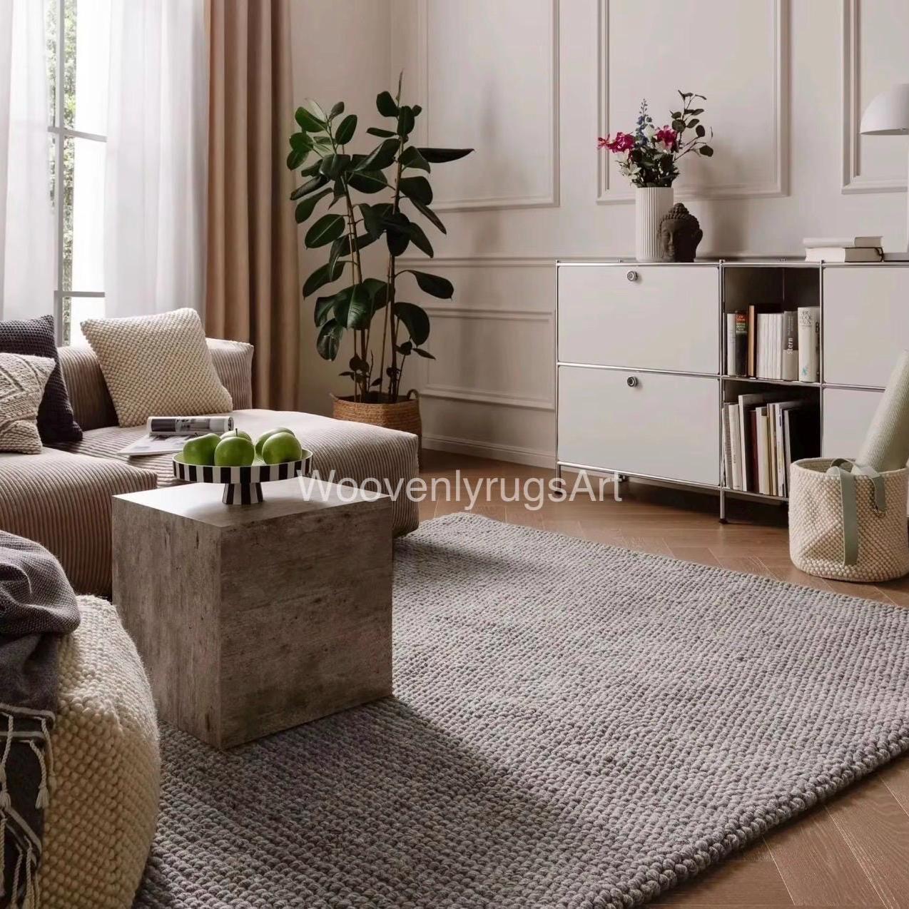 Handwoven Wool Rug, Neutral Beige Pebble Texture, Modern Minimalist Area Carpet