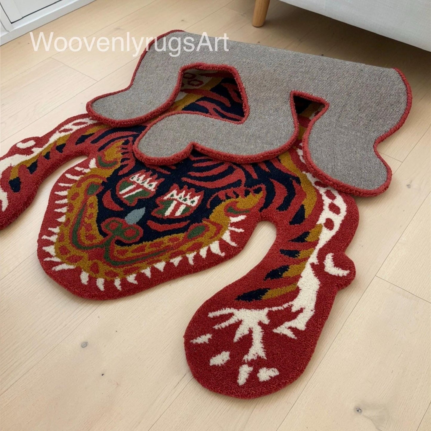 Hand Tufted Tiger Rug, Abstract Animal Shape, Modern Statement Carpet, Red Black Decor