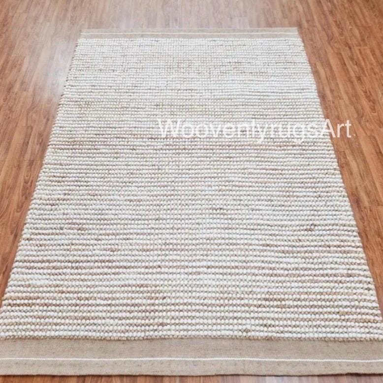 Handwoven Wool Jute Bubble Rug, Neutral Boho Textured Carpet, Ivory Beige Living Room Decor