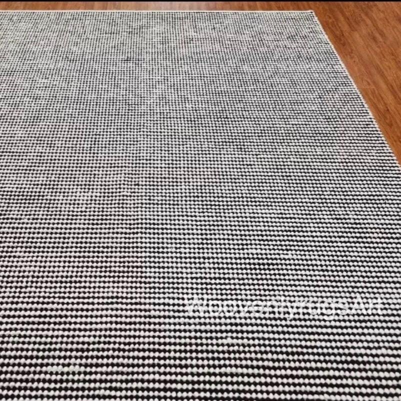 Handwoven Black White Wool Dhurrie Rug, Geometric Flatweave Scandinavian Boho Floor Decor