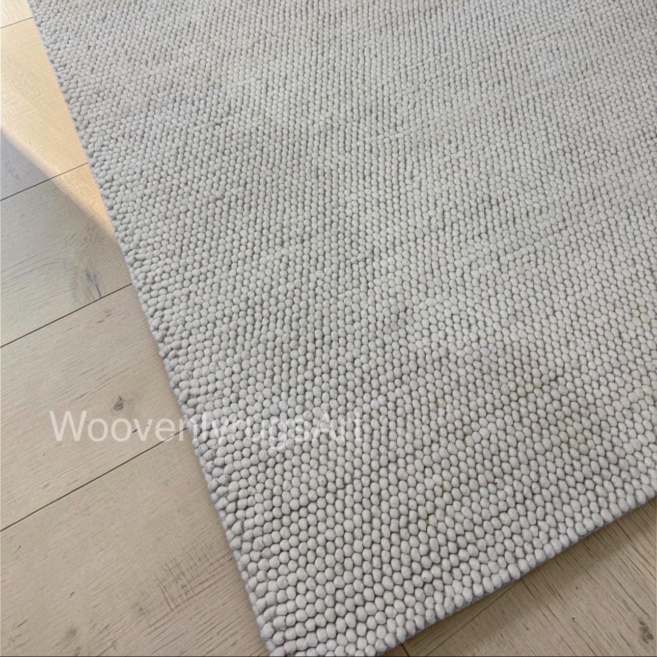 Handmade Wool Pebble Rug, Neutral Ivory Felt Ball Carpet, Scandinavian Home Decor