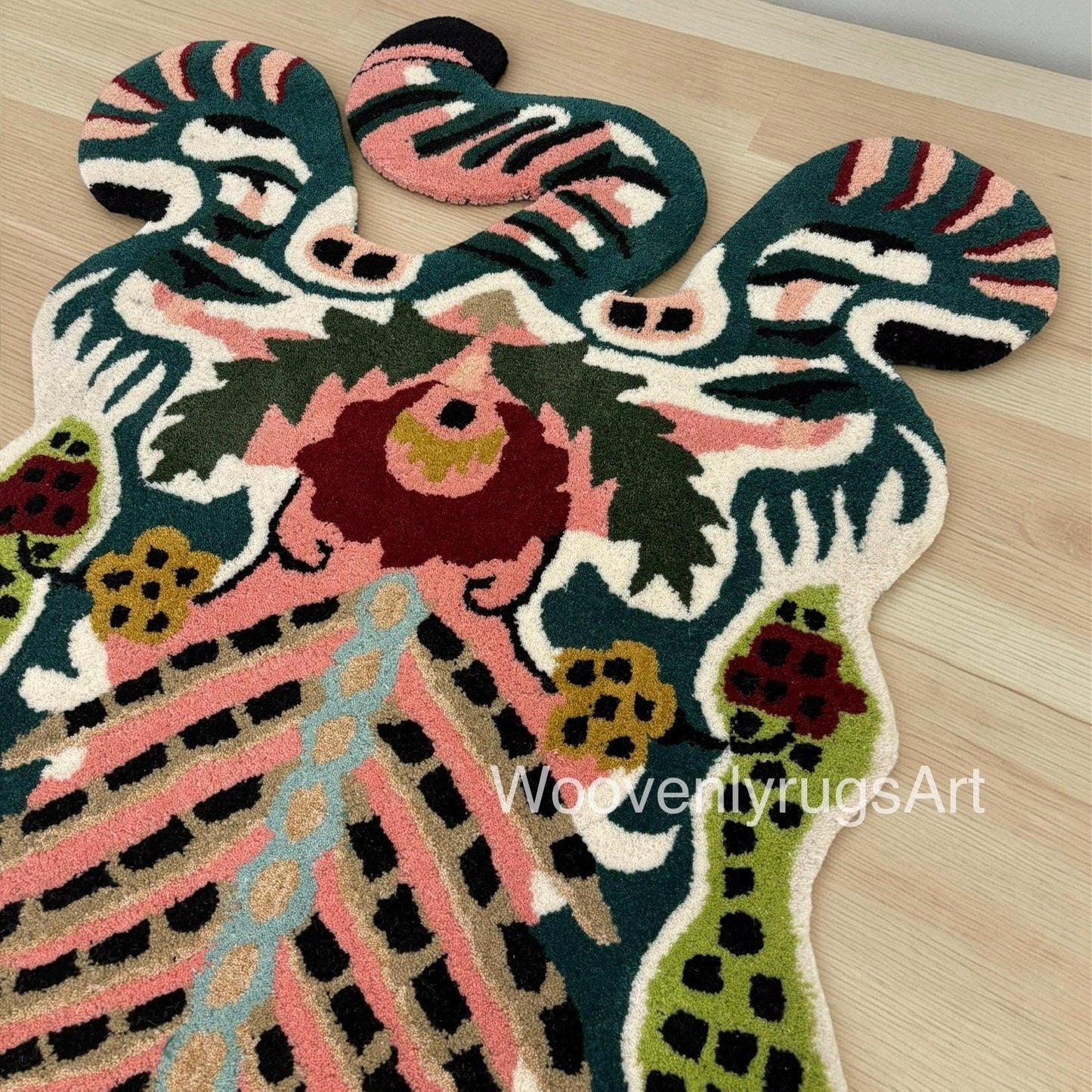 Hand Tufted Wool Tiger Rug, Abstract Animal Shape, Jungle Theme Area Carpet
