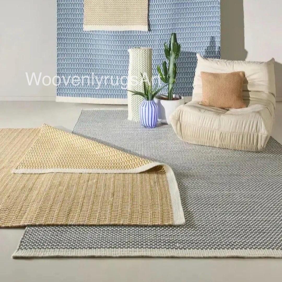 Handwoven Blue White Geometric Cotton Dhurrie Rug, Modern Scandinavian Flatweave Carpet