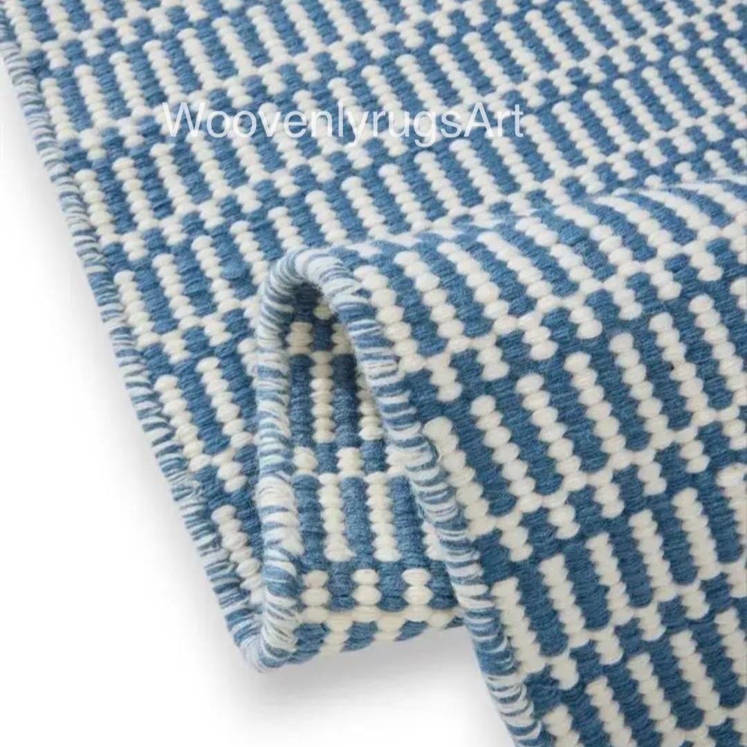 Handwoven Blue White Geometric Cotton Dhurrie Rug, Modern Scandinavian Flatweave Carpet