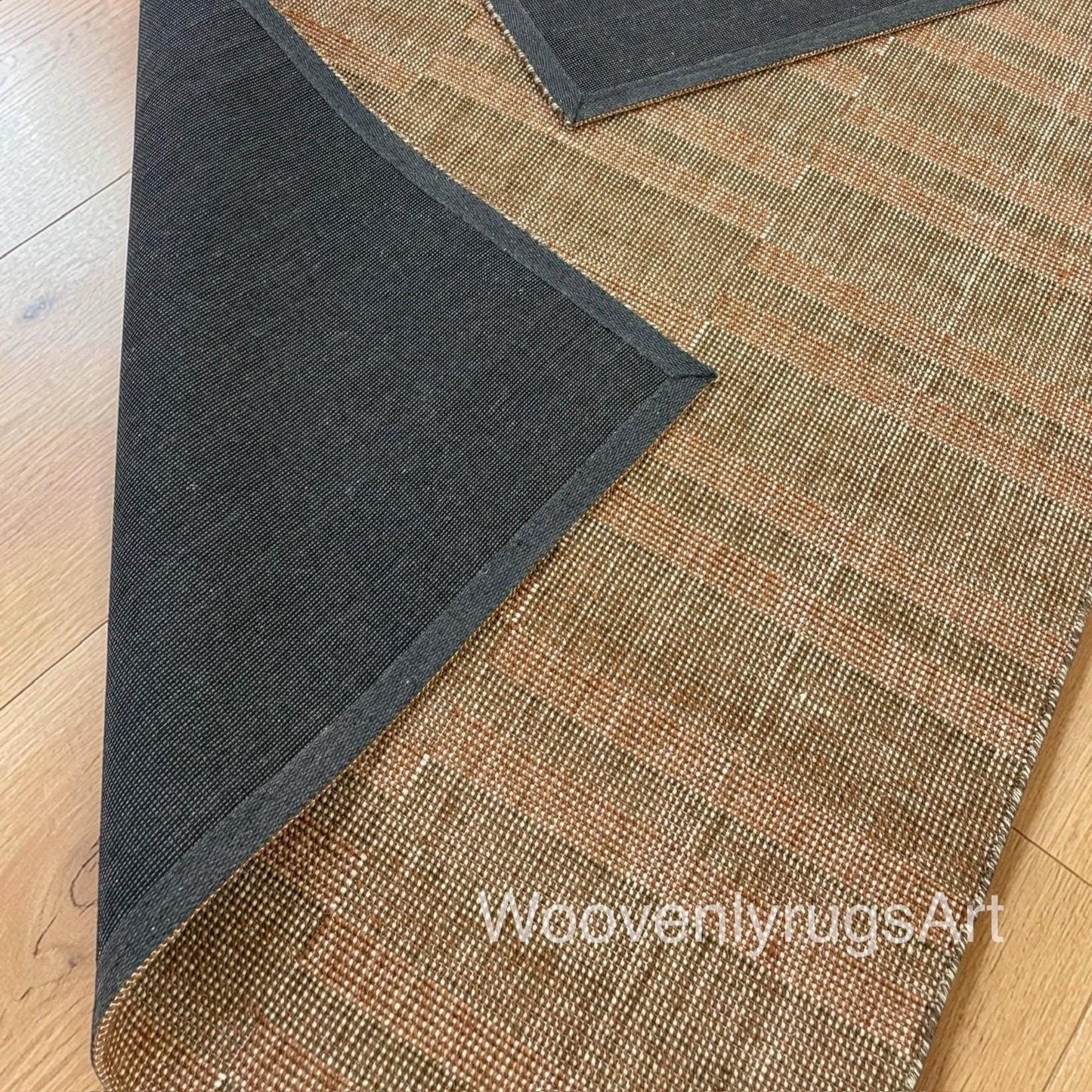 Brown Plaid Wool Handloom Rug | Minimalist Area Carpet