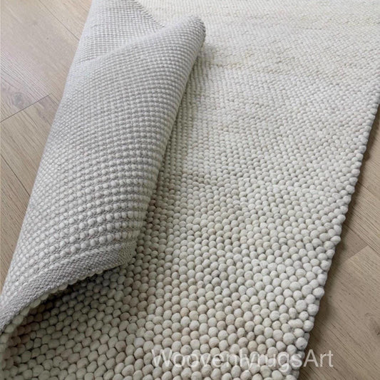 Handmade Wool Pebble Rug, Neutral Ivory Felt Ball Carpet, Scandinavian Home Decor