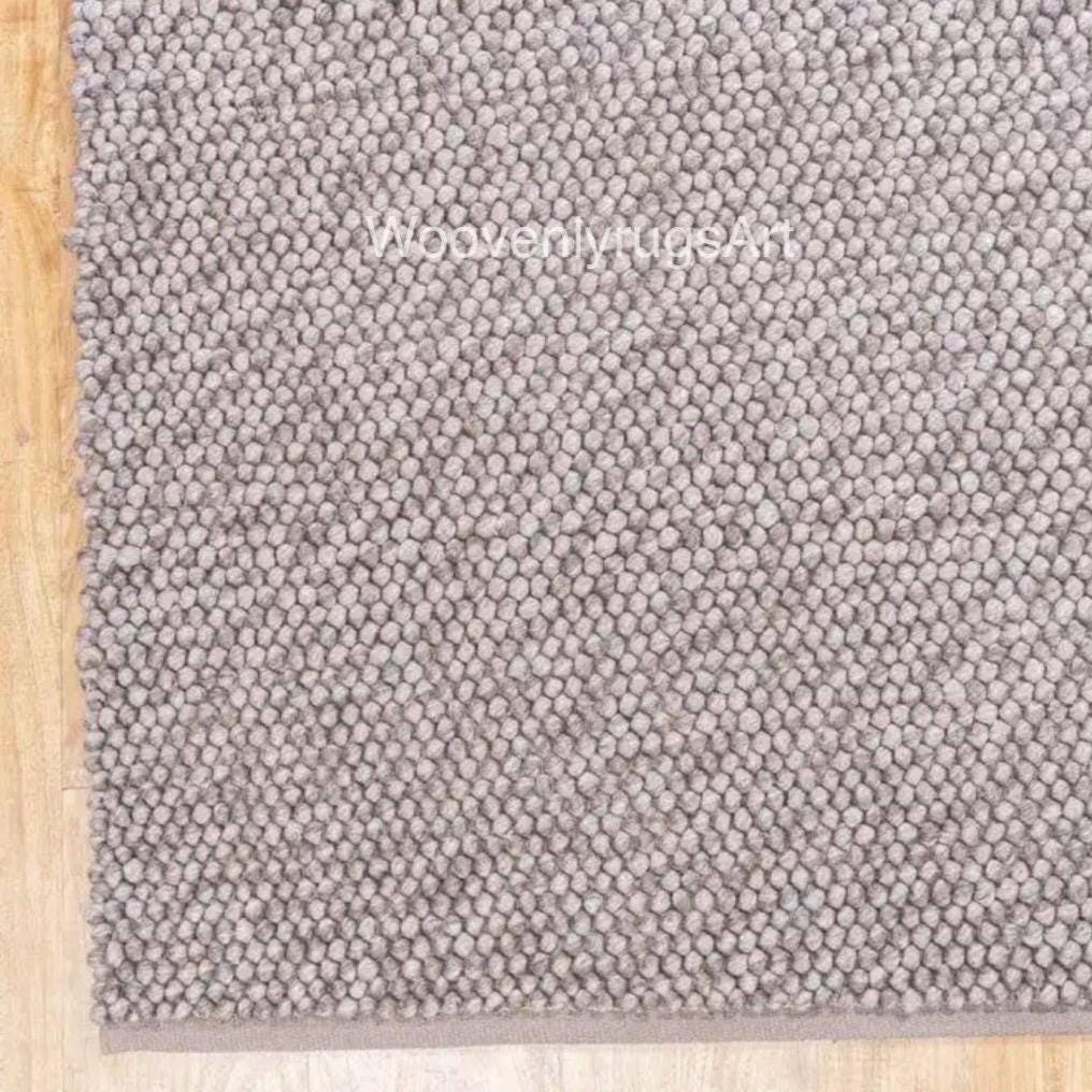 Handwoven Wool Rug, Grey Chunky Textured Loop Pile Carpet, Modern Minimalist Decor