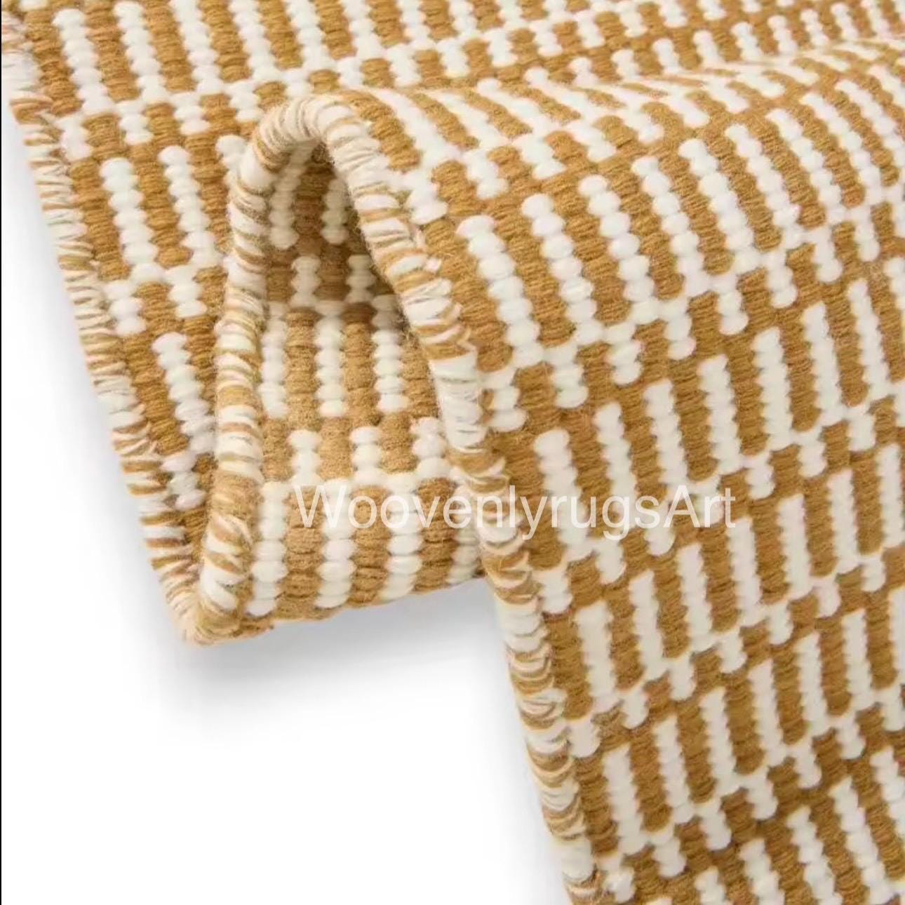 Handmade Wool Dhurrie mat Mustard Ivory Geometric Flatweave carpet Boho Area Rug