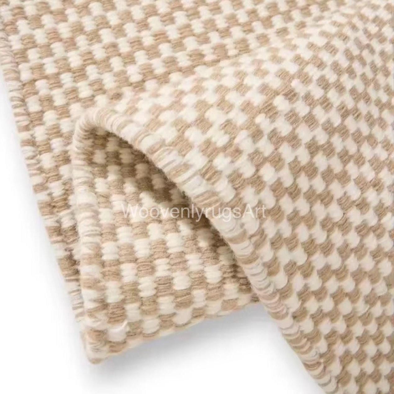 Handwoven Neutral Checkered Wool Rug, Beige Cream, Modern Boho Flatweave Carpet