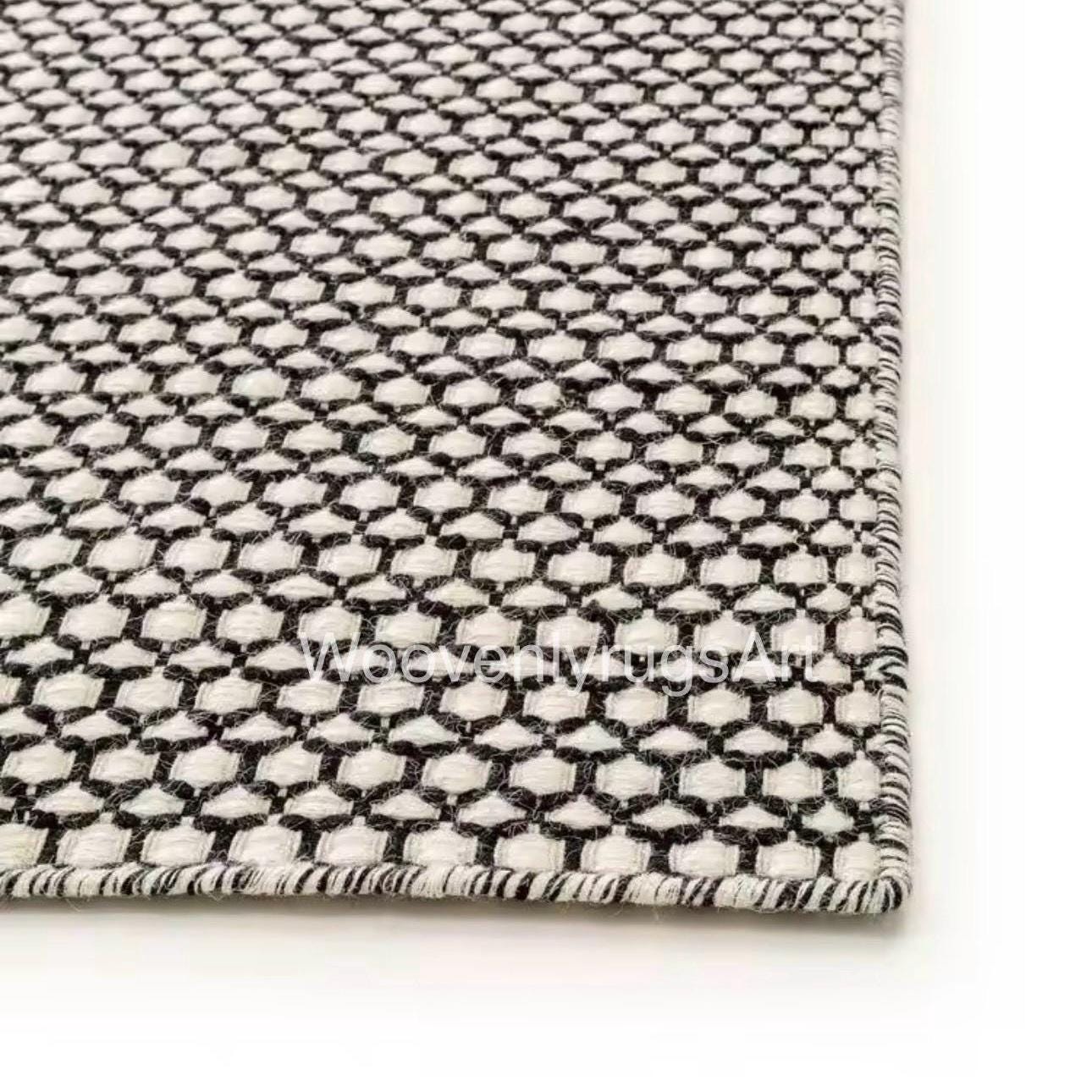Handwoven Wool Rug Black White Geometric Pattern | Modern Minimalist Dhurrie Area Rug