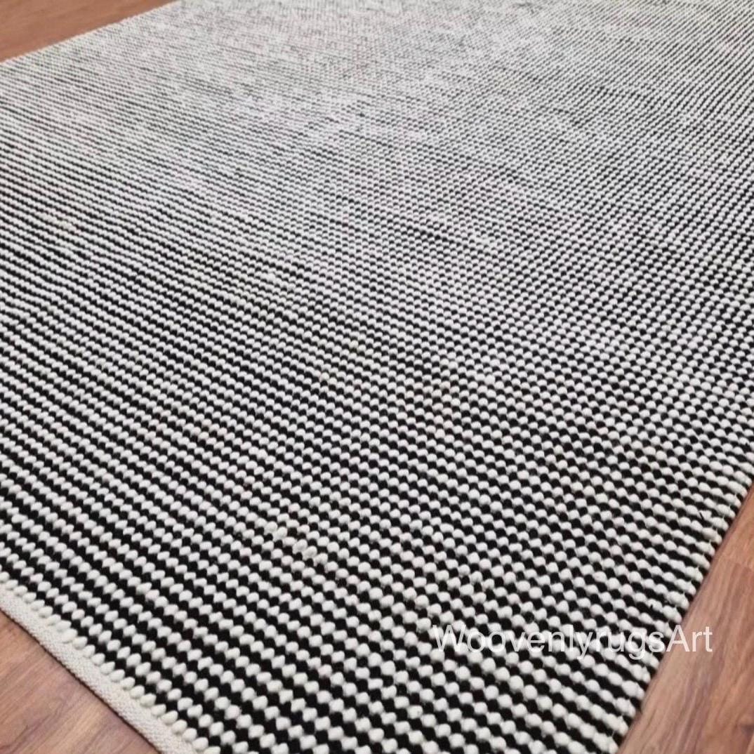 Handwoven Black White Wool Dhurrie Rug, Geometric Flatweave Scandinavian Boho Floor Decor