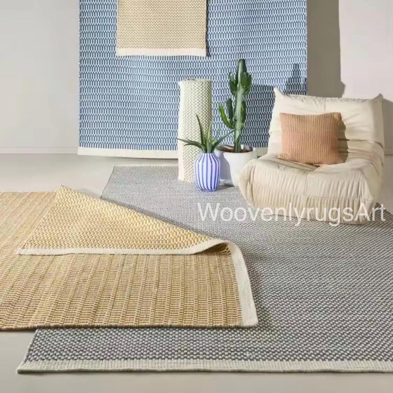 Handmade Wool Dhurrie mat Mustard Ivory Geometric Flatweave carpet Boho Area Rug