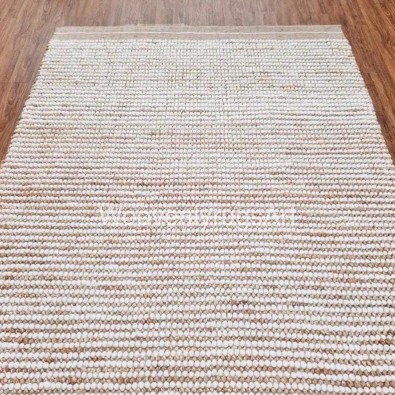 Handwoven Wool Jute Bubble Rug, Neutral Boho Textured Carpet, Ivory Beige Living Room Decor