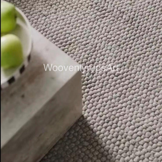 Handwoven Wool Rug, Neutral Beige Pebble Texture, Modern Minimalist Area Carpet