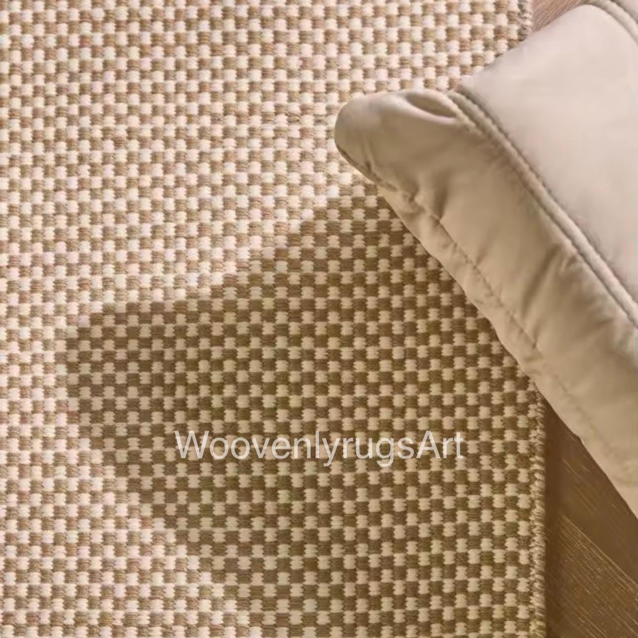 Handwoven Neutral Checkered Wool Rug, Beige Cream, Modern Boho Flatweave Carpet