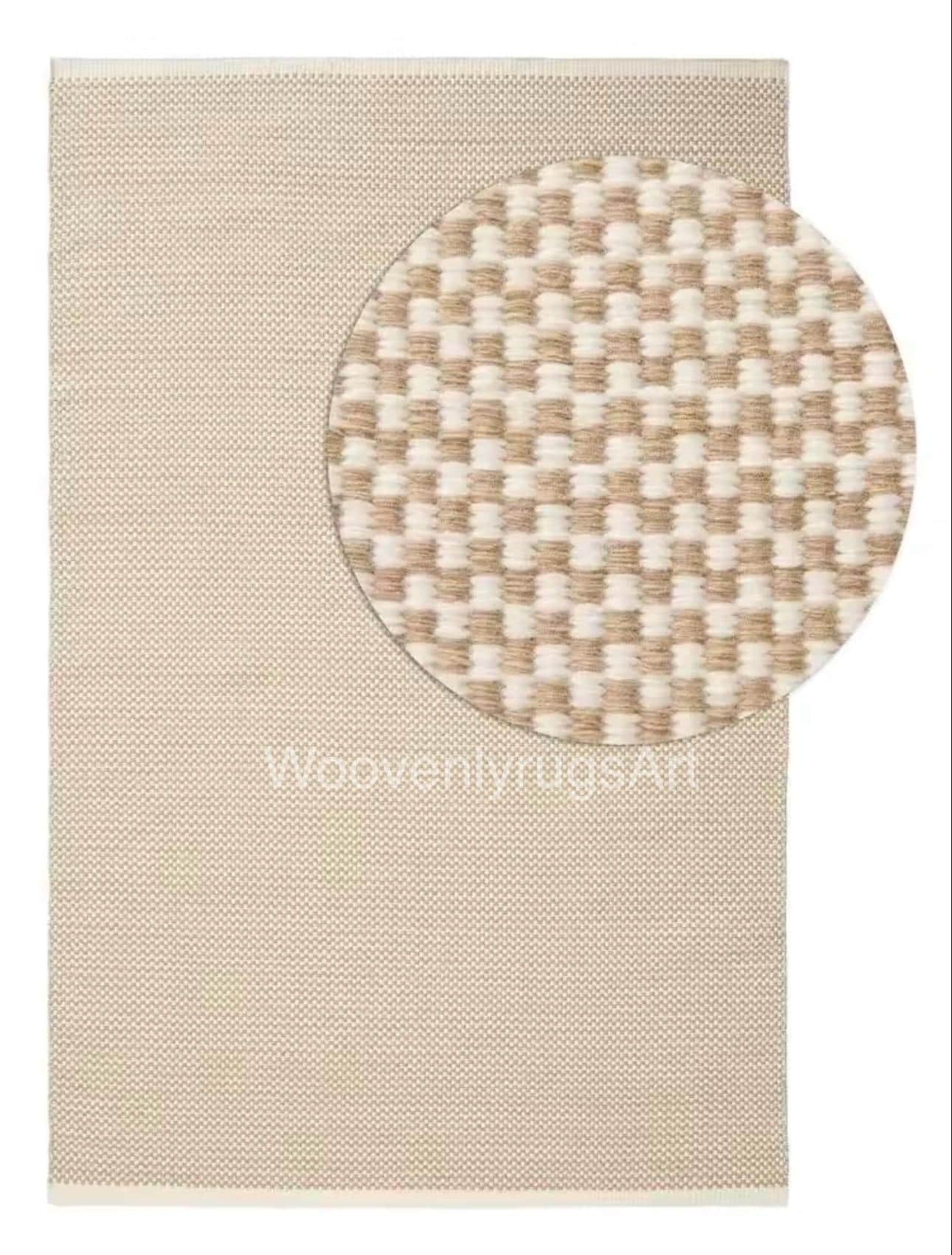 Handwoven Neutral Checkered Wool Rug, Beige Cream, Modern Boho Flatweave Carpet