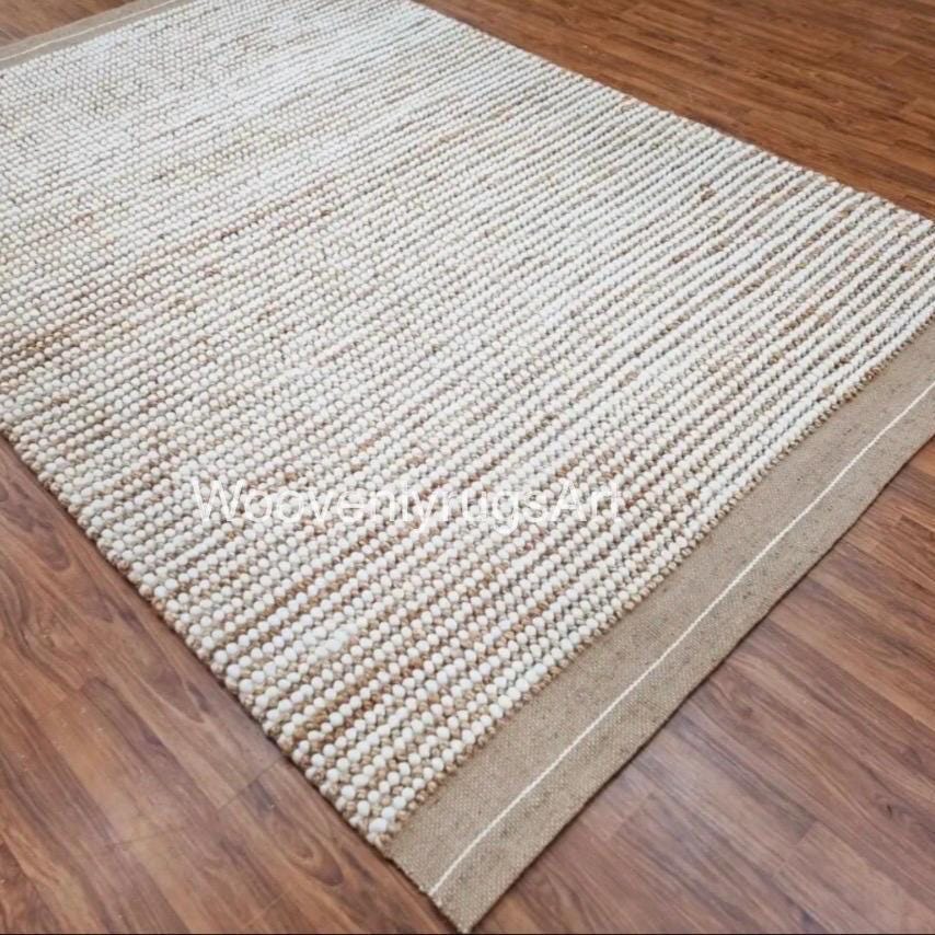 Handwoven Wool Jute Bubble Rug, Neutral Boho Textured Carpet, Ivory Beige Living Room Decor