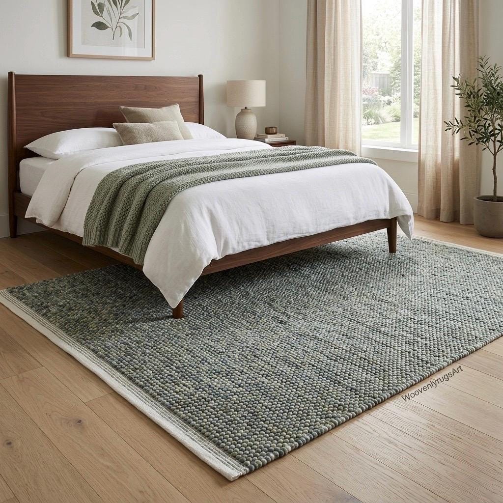 Handmade Wool Felt Ball Rug, Pebble Stone Texture, Grey Green Area Carpet