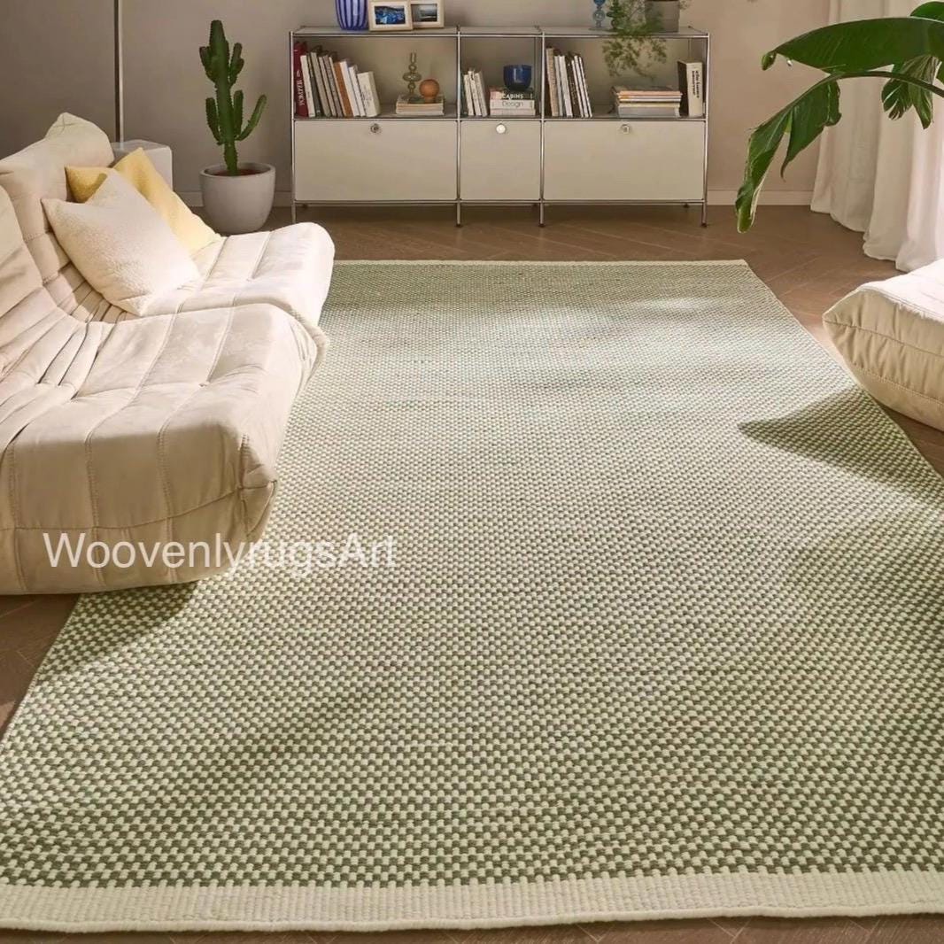 Handwoven Olive Green Cotton Flatweave Rug, Minimalist Scandinavian Boho Carpet