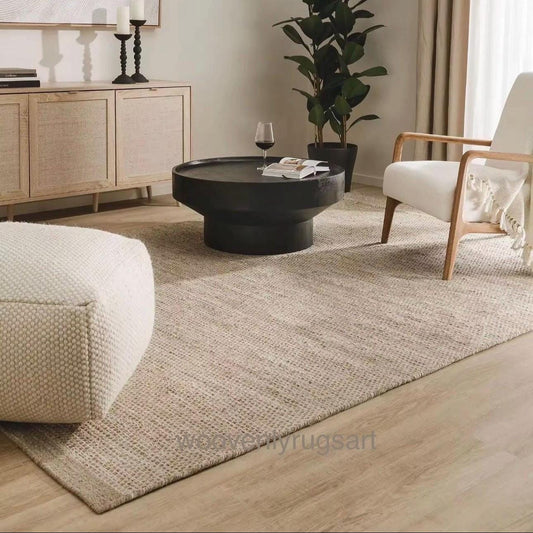 Modern Handmade Dhurrie Rug  Natural Beige Flatweave Wool Carpet