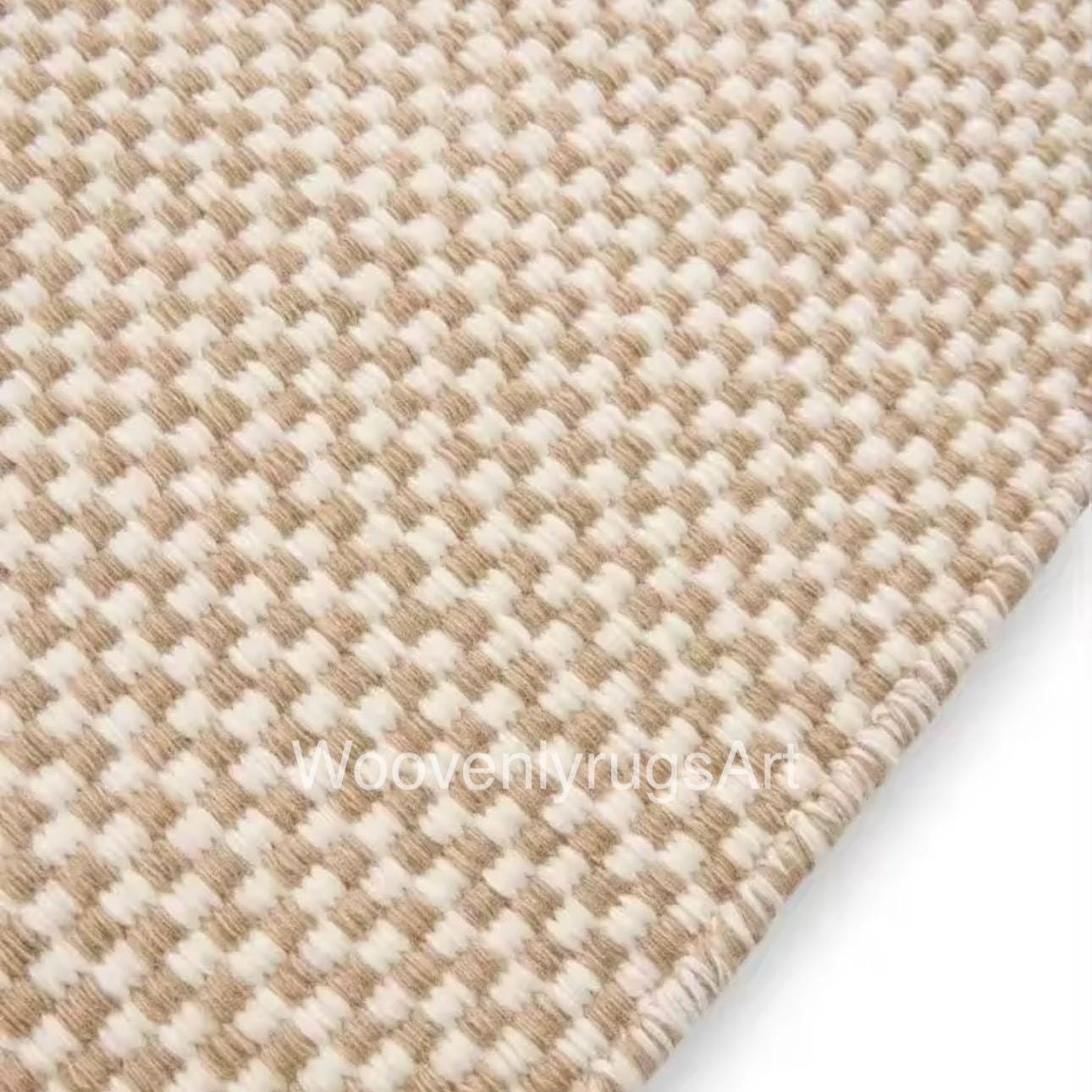 Handwoven Neutral Checkered Wool Rug, Beige Cream, Modern Boho Flatweave Carpet