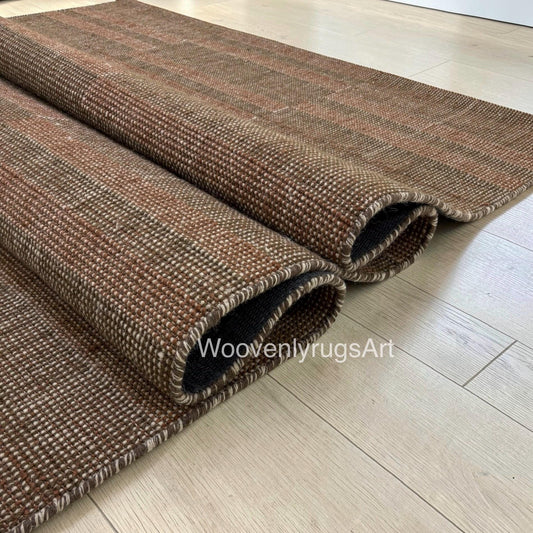 Brown Plaid Wool Handloom Rug | Minimalist Area Carpet